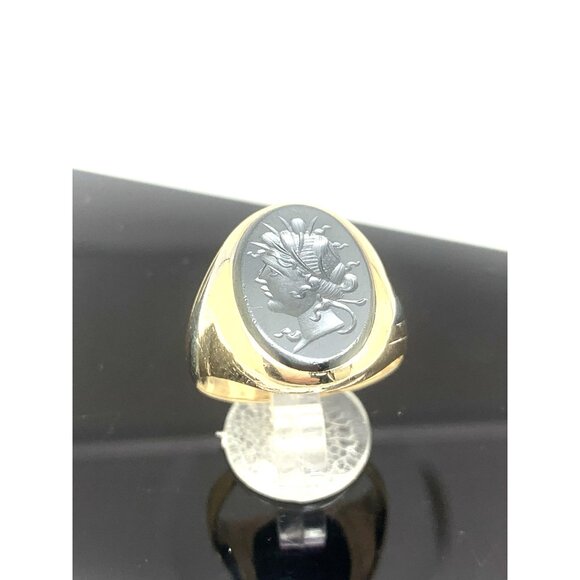 Hematite Cocktail Signet Ring 10k Gold Estate Jewelry Vintage Unisex Size 9 - Picture 3 of 14